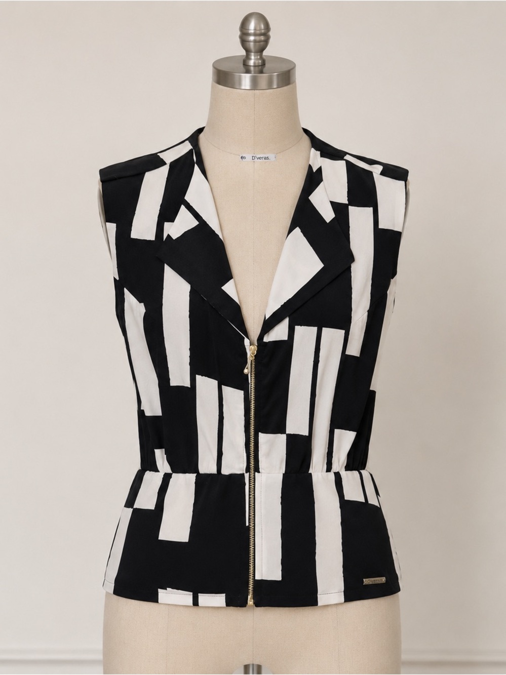 Black & White Zip-Front Sleeveless Peplum Top
